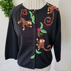 Vintage Michael Simon Women's Embroidered Embellished Monkey Cardigan